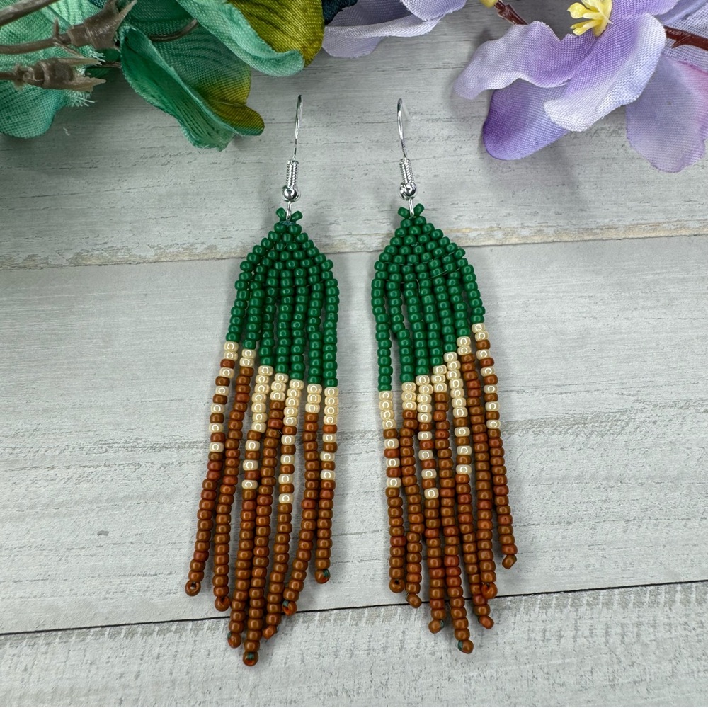 Handmade Green Ivory Brown Seed Beaded Earrings‎ 3” Long Earth Themed